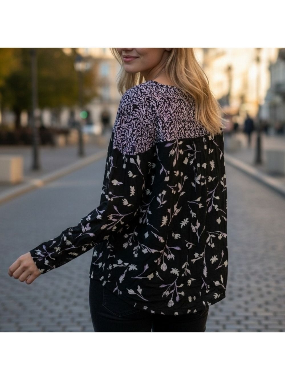 Lucky Brand Black White Floral Blouse Large #BL22 - Picture 2 of 10
